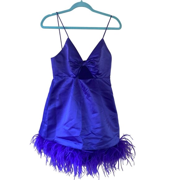 Alice Olivia Womens Dress Size 4 Purple Necole Feather Hem Mini Satin V Neck - Picture 7 of 12